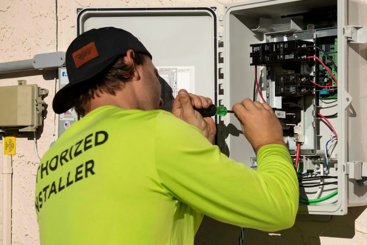 Electrician in a bright work shirt using a screwdriver inside an open electrical panel