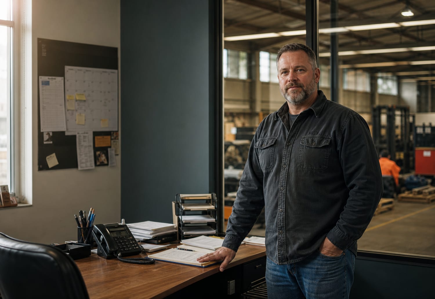 Owner-operator in a working industrial office