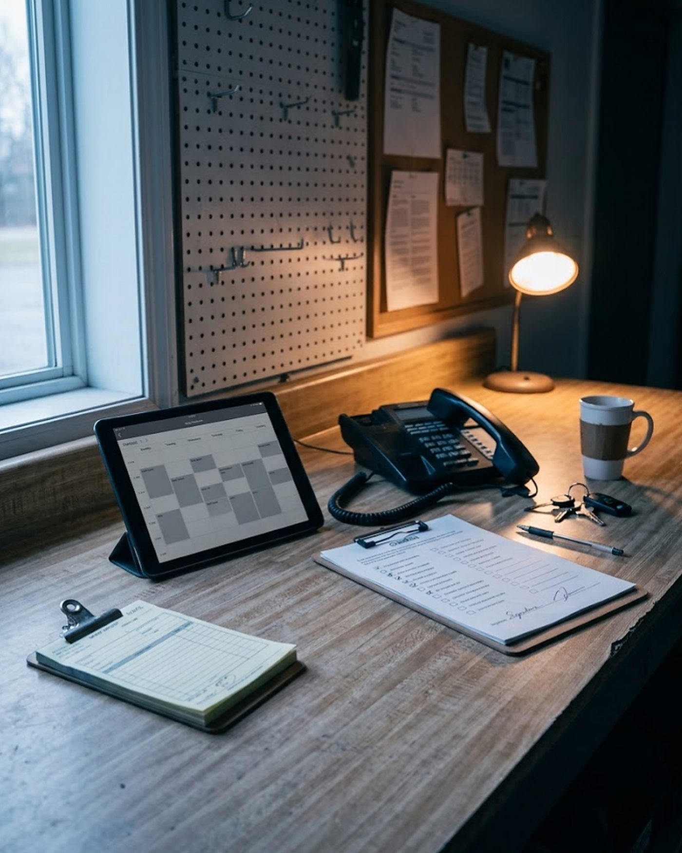 A dispatch desk in a small service shop: work orders, a desk phone, and a schedule